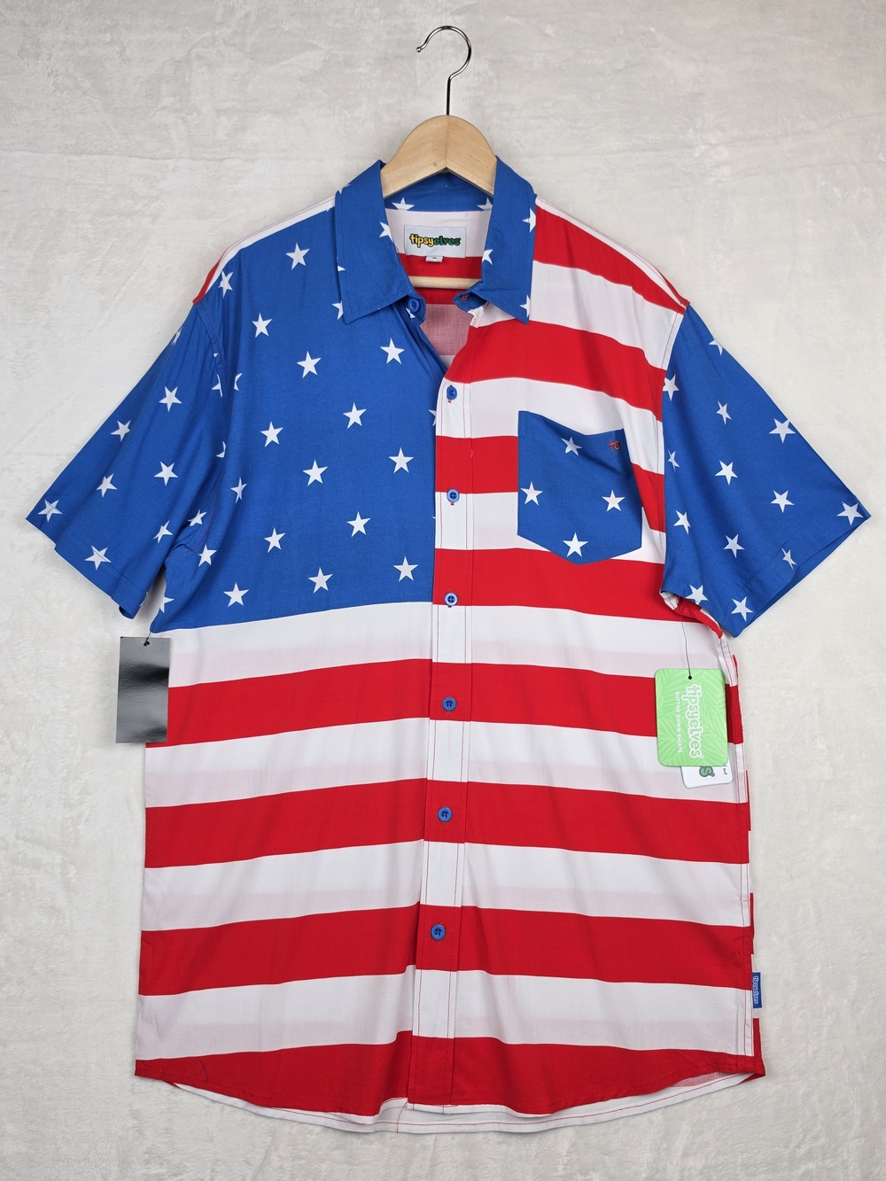 Tipsy Elves USA Flag Button Up Shirt XL Red White Blue‎ Patriotic Rayon NWT